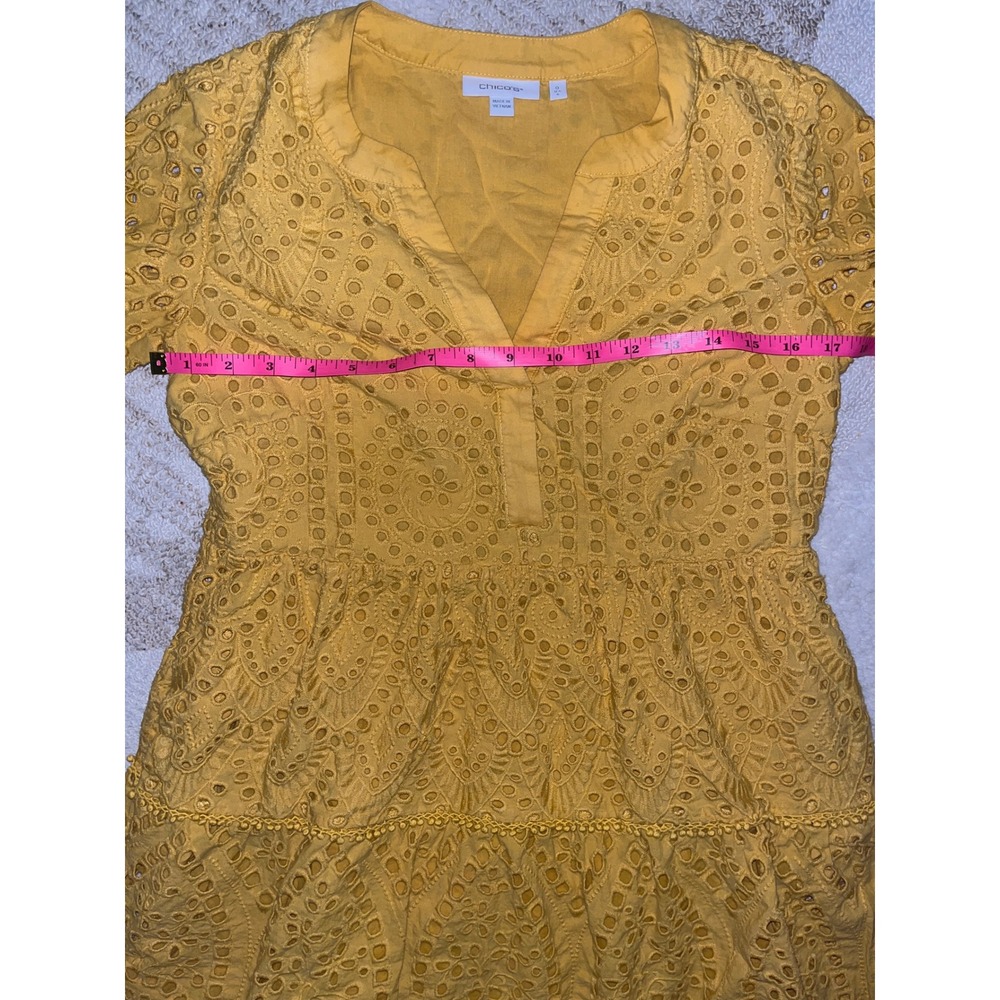 Chico's Mustard Yellow Eyelet Tiered Dress V-Neck 3/4 Sleeve Pockets Size 0 S - Picture 4 of 6